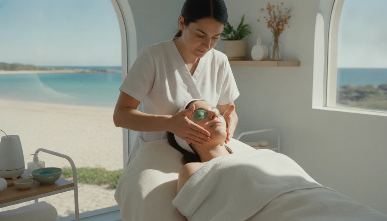 Client enjoying a relaxing facial treatment in the calm coastal Seascapes Wellness studio in Yanchep