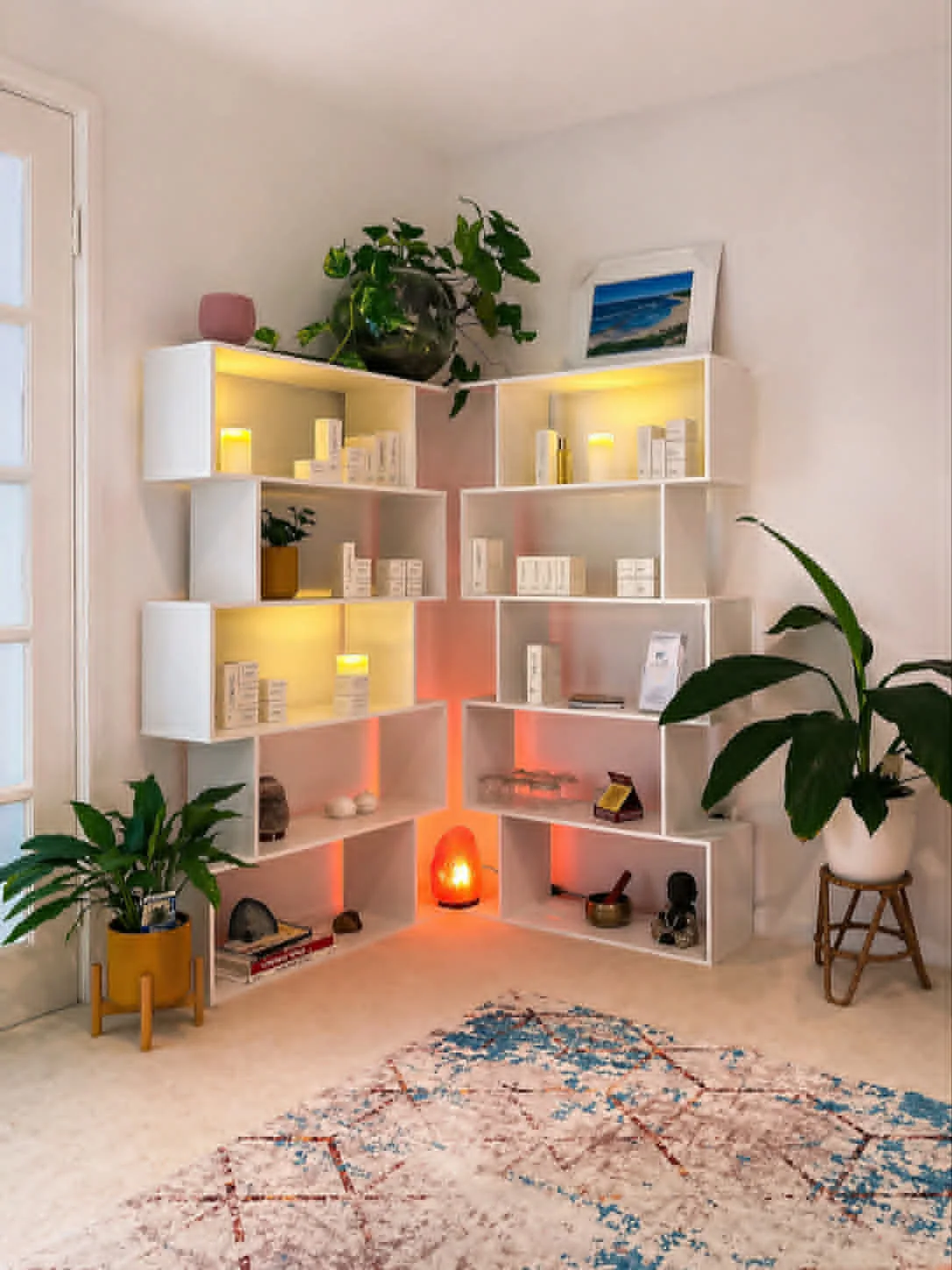 Soft, natural-light treatment room with towels and skincare products at Seascapes Wellness