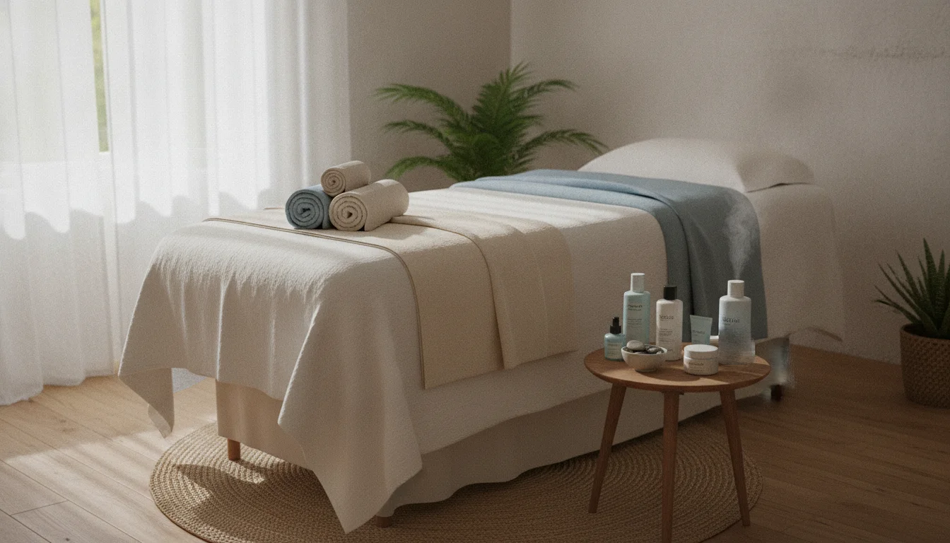 Soft, natural-light treatment room with towels and skincare products at Seascapes Wellness