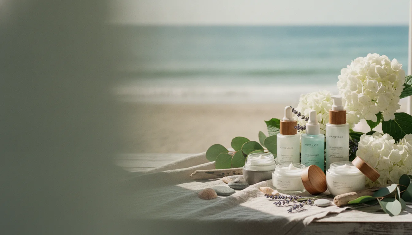 Fresh flowers and premium skincare products styled with a coastal feel